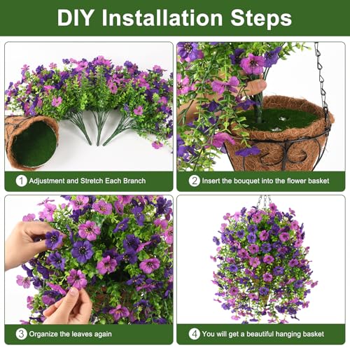 INQCMY Artificial Hanging Flowers with Basket for Spring Outdoor Decoration 3 Bunches of Silk Daisy Flower Uv Resistant for Garden Porch Patio Balcony Yard Decor (Purple1) - color: Purple1