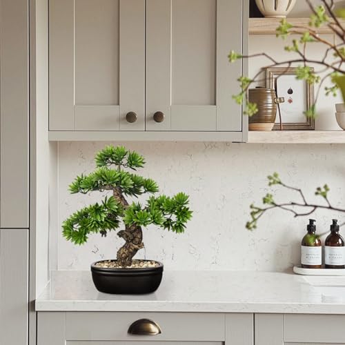 Fake Bonsai Tree Small Bonsai Plant 15.7” Tall Artificial Bonsai Trees with Black Pot Decorated with Pebbles Desk Plant Indoor Bonsai for Home Office Decor - style: Plastic Pot