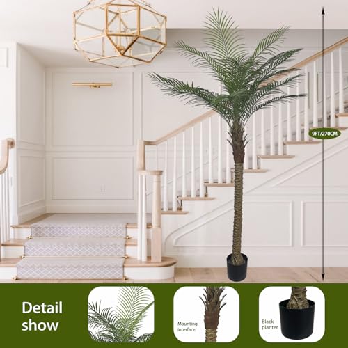 9ft Artificial Palm Tree for Outdoor/Indoor, UV Resistant Faux Palm Tree with Real Bark, 108" Large Fake Silk Tree in Pot for Home, Office, Living Room, Patio, and Yard Decor - size: 9FT-S