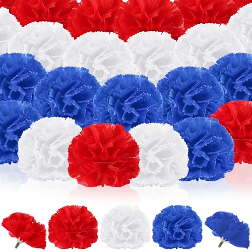 Syhood 50 Pcs 4th of July Marigold Flower Bulk Red White and Blue Flowers Memorial Day Decorations Patriotic Floral with Stems DIY Garland(2.4 Inch, Independence Day Colors) - color: Blue, Red, White