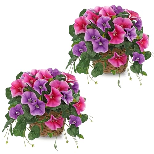 Briful 2 Pack Fake Morning Glory with Handwoven Basket - 8.2" Pink Purple Faux Potted Flowers Silk Floral Table Centerpiece for Home Office Room Shelf Desk Decor - color: Magenta