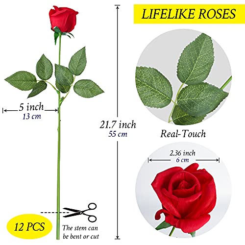Grand Verde Roses Artificial Flowers Bulk 22” Long Stems, Latex Full Blossom Faux Flower Heads Real-Touch Bouquet Luxury Indoor Home Decor, 12pcs (Red) - color: Red