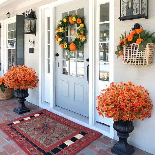20 Bundles Artificial Fall Flowers for Outdoors Decoration, Fake Mums Silk Daisy Faux Plastic Plants Boston Fern UV Resistant for Autumn Thanksgiving Garden Planters Home Decor, Orange - color: Orange