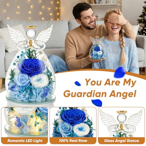 Preserved Rose in Glass Angel Figurine, for Mom/Wife/Grandma, Forever Flowers Rose Anniversary, Graduation or Birthday Gifts for Women Her - color: Blue