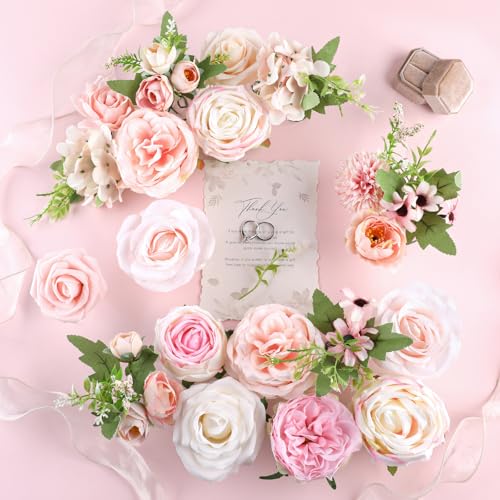 AmyHomie Blush Pink Artificial Flowers Combo Silk Rose Fake Flowers w/Stem for DIY Wedding Bouquets Centerpieces Arrangements Table Fall Decor Party Bridal Baby Shower Home Decorations - color: Blush Pink