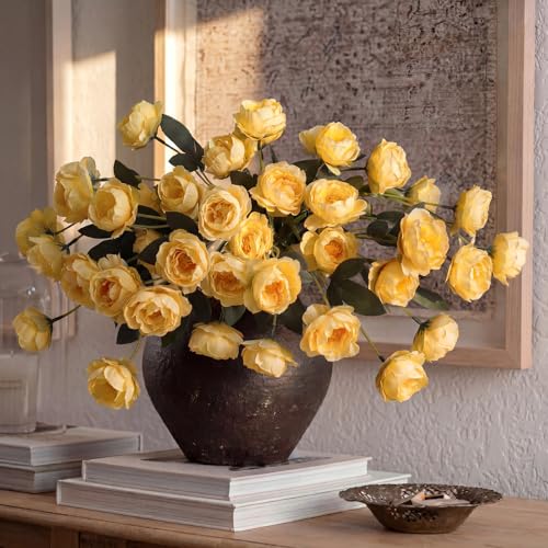 6 Pcs 32" Large Yellow Artificial Peonies Stems Flowers, Real Look Faux Silk Peony Bouquet 42 Heads Total for Vase Filler, Farmhouse Rustic Neutral Home Decor, Wedding Centerpieces - color: Yellow