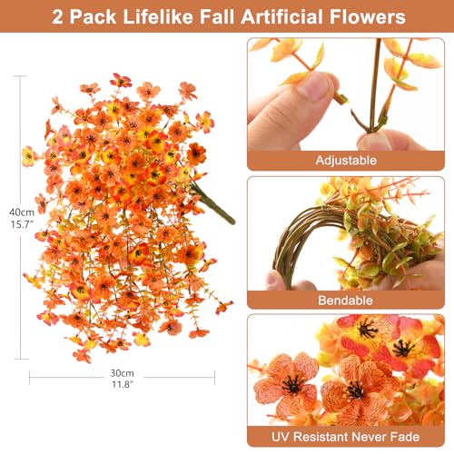 ZFProcess Artificial Fall Flowers for Outdoors, 2PCS Silk Fake Flowers Realistic Daisy Mums UV Resistant Porch Patio Window Yard Decor (Sunset Red) - color: Fall Orange Yellow
