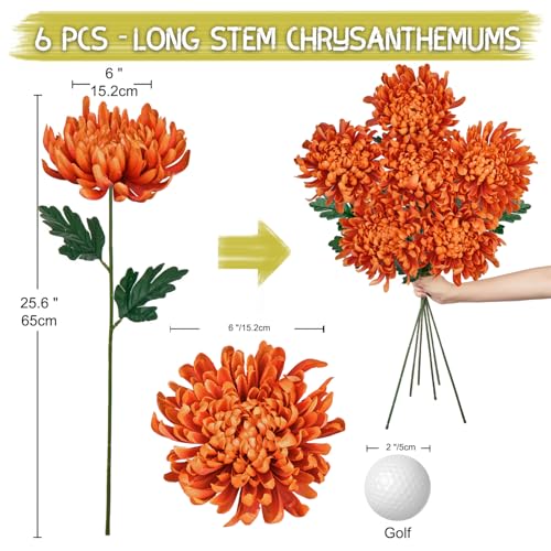 Briful 6 Pcs Burnt Orange Artificial Mums for Outdoors Fall – 25.6’’ Long Stem Faux Chrysanthemums, Large 6’’ Silk Fall Flowers for Wedding Bouquets, Centerpieces, Porch Décor, Indoor Home Decoration - color: Burnt Orange