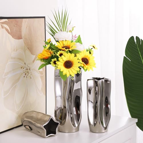 Wave Ceramic Vase - Modern Silver Shiny Finish, Pentagon Shape for Dried Flower Arrangement for Living Room Bedroom Office Decor, Large, 11" H - size: Large, 11.2 inch