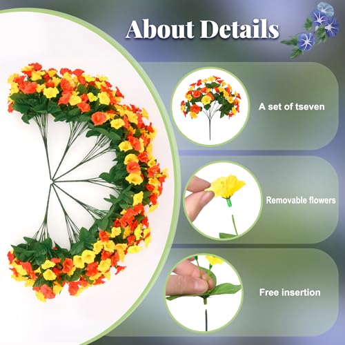 Ammyoo Artificial Hanging Flowers with Basket, Faux Silk Petunias Flower Arrangement, Coconut Lining with Morning Glories Fake Plants Patio Garden Porch Deck Fall Decor(Orange Yellow) - color: Orange and Yellow