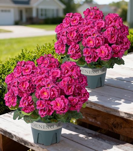 Geraniums Artificial Flowers for Outdoors, 2 Pack Potted Plants Fake Geranium Bush Realistic Fake Flowers UV Resistant Faux Flowers for Outdoor Planters Outside Gardens Front Door Yard Indoor, Fuchsia - color: Fuchsia