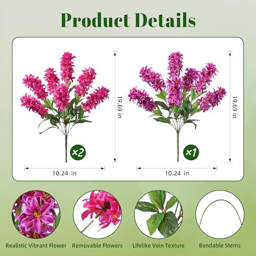 Artificial Flowers 3 Pcs Hyacinth Fake Flowers 19.69” Silk Flowers for Outside, Delphinium Outdoor Faux Flowers Fake Plants for Porch Patio Balcony Yard Indoor Home Decor - color: 2pcs Deep Magenta & 1pcs Fuchsia
