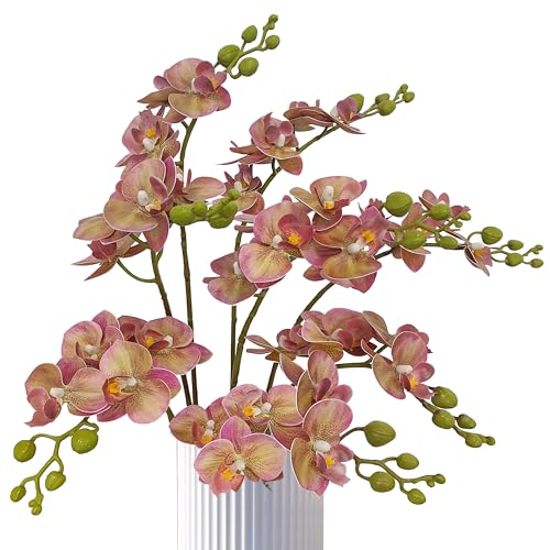 ATFL 8 Pack Pink and Green Orchid Artificial Flowers Real Touch, 22'' Artificial Fake Faux Silk Orchid Stem Bouquets for Wedding Party Home Garden Decor,Orquideas Artificiales para Decora - color: Pink and Green