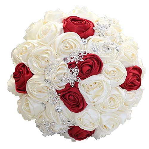 5.9" Mini Bridal Bouquet Handmade Satin Rose Round Wedding Bouquet Throw Toss Artificial Flower Bunch Ivory + Dark Red - color: W363 Ivory/Dark Red, size: 5.9"/15cm
