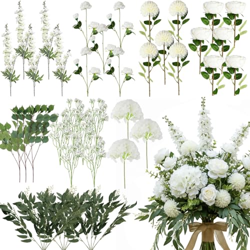 Suncalla 36 Pcs White Artificial Flowers Bouquet Set 8 Kind Faux Delphinium Rose Peony Chrysanthemum Hydrangea Baby's Breath Florals with Greenery Long Stem for Wedding Table Vase Decor - color: White