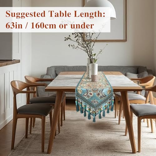 kilofly Elegant Floral Brocade Jacquard Table Runner Tassels (89 x 12 inches) - color: Blue, size: 89*12 inch