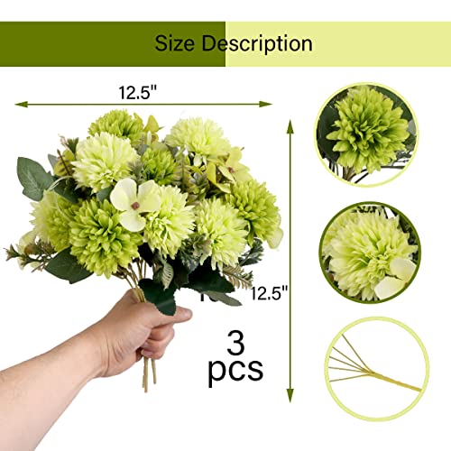 Jim's Cabin Artificial Chrysanthemum Ball Flowers - 3pcs Realistic Silk Flower with Stems&Leaves for Wedding, Party, House Decoration, Table Centerpieces Flowers - color: Dark Green&light Green