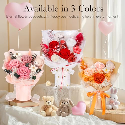 Preserved Flowers Bouquet with Bear, 3 Real Forever Flowers for Delivery, Long-Lasting Red Eteranl Roses Bouquet, Anniversary Birthday Gifts for Women Mom Her Girlfriend Wife - color: Red
