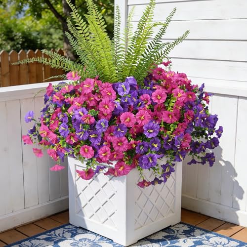 Hrobek Artificial Flowers for Outdoors Faux Plants Outside Indoor,UV Resistant Silk Fake Morning Glory Tall Ferns for Home Patio Garden Back Yard Front Porch Decor(13 Bunches,Dk. & Lt. Purple) - color: 3 Color Mixed (6 Purple,6 Light Purple,1 Tall Fern)