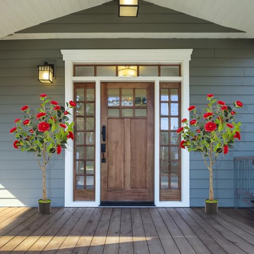 47” Artificial Camellia Tree with Blooming Red Flowers, Artificial Tree for Indoor Outdoor, Faux Camellia Tree for Modern Home Office Floor Porch Decor, Free Maintenance - color: Red