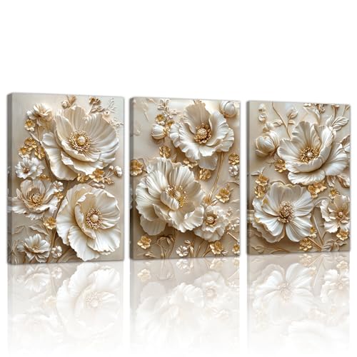 3 Pcs Modern Beige Gold Peony Floral Canvas Wall Art, Neutral Elegant 3d Beige Flowers Wall Painting White Blooming Floral Pictures Posters Art Print Home Decor for Bedroom Living Room Office 16x24x3 - color: Flower-gold peony, size: 16"x24"x3Pcs