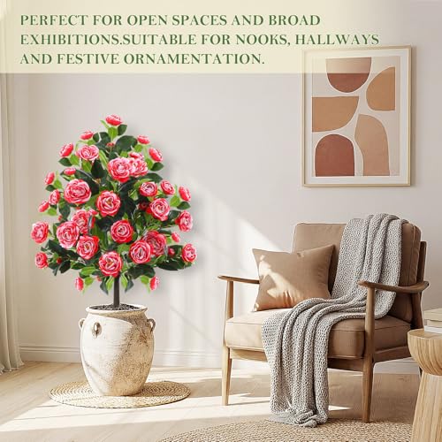 Lunmon 2 Pack 4ft Artificial Camellia Plants Tree 48" Faux Camellia Flower with Spike (Without Vase) UV Resistant Realistic Fake Floral Blooming for Outdoor Front Door Porch Backyard Garden, Red White - color: Red White Bicolor, size: 4 ft