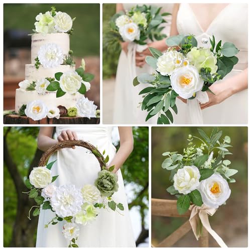 AmyHomie Green White Artificial Flowers Combo Silk Mix Peony Rose Fake Flowers w/Stem for DIY Wedding Bouquets Centerpieces Arrangements Table Fall Decor Party Bridal Baby Shower Home Decorations - color: Green White