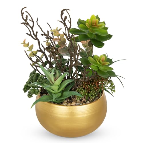 DILATATA Artificial Succulent Plants in Gold Pot Faux Succulent Arrangement Fake Potted Plants with Pebbles for Home Office Desk Shelf Table Decor - color: Gold