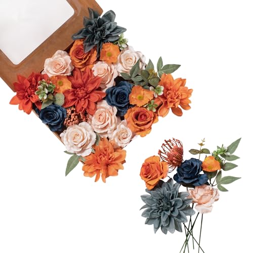 FANKO Artificial Flowers for DIY Bouquet, Faux Flowers Combo Orange Navy Blush Gray, Realistic Fake Flowers for Vase, Floral Arrangement, Centerpieces, Wedding, Home Decor, Party Decoration - color: Passionate Burnt Orange