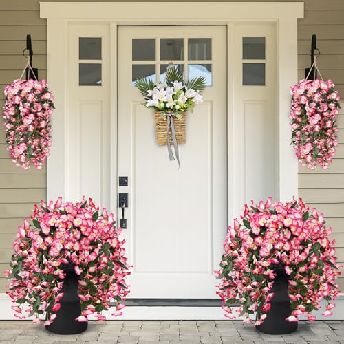 Sggvecsy Artificial Fake Hanging Flowers Plants for Outdoor Outside Spring Summer Decoration 4PCS Faux Silk UV Resistant Realistic Morning Glory Trailing Vines for Home Porch Patio Balcony(Pink) - color: Pink, size: 4Pcs