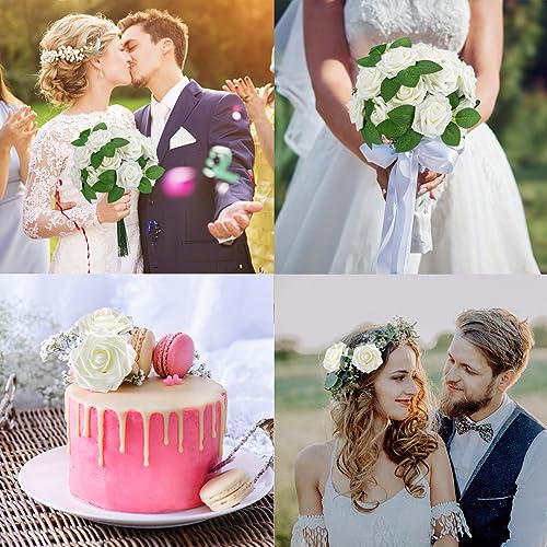 Cliselda 100Pcs Artificial Flowers Ivory White Fake Roses with Stems, Valentine's Day Gifts, Real Touch Foam Rose Bulk Faux Flowers for Decoration Centerpieces Flower Arrangements - color: Ivory White