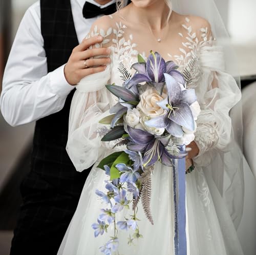 Bridal Bouquet,12 Inch Cascading Wedding Bouquets Bride Bouquets for Wedding Ceremony and Anniversary(Blue) - color: Blue