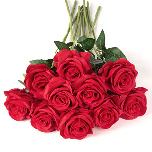 10pcs Red Silk Roses Artificial Rose Flowers Long Stem for DIY Wedding Bouquet Table Centerpiece Home Décor - color: X-red