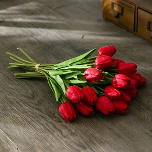 Tanvecle 20pcs Red Artificial Tulip Flowers, Silk Fake Flowers 13" for Mother's Day, Easter, Valentine’s Day Gifts in Bulk, Home, Kitchen, Wedding Decorations - color: Red