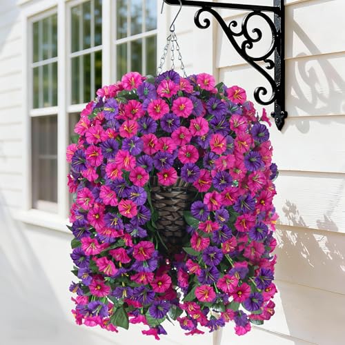 Artificial Fake Hanging Flowers in Basket for Outdoor Indoor Decoration,UV Resistant Faux Silk Dark Purple and Fuchsia Morning Glory Plants Realistic Hanging Planter for Outside Home Porch Yard - color: Fuchsia+dark Purple Morning Glory
