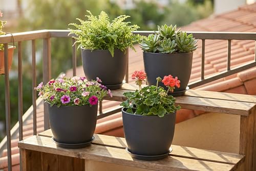 8 Inch Plant Pots Set of 4, Plastic Planters with Drainage Holes and Tray, Flower Pots for Indoor Outdoor Plants and Flowers (Black) - color: Black