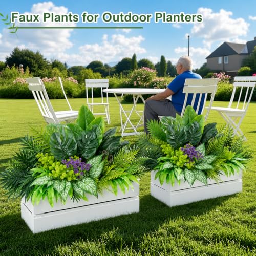 Tall Artificial Greenery Plants Outdoor Faux Shrubs Ferns UV Resistant,Fake Monstera Bird of Paradise Palm Boston Fern,10Bundle Lifelike Artificial Flowers Grass for Window Box Fillers,Porch,Garden - color: Green