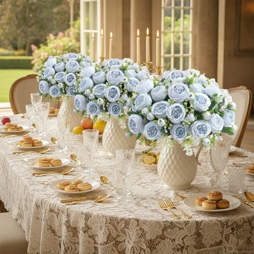 Peonies Artificial Flowers 12 Bundles Pink Flowers Bouquet, Lifelike Silk Fake Peonies with Stems for Home Table Centerpieces, Wedding, Party & DIY Bridal Floral Arrangements (Blue) - color: Blue