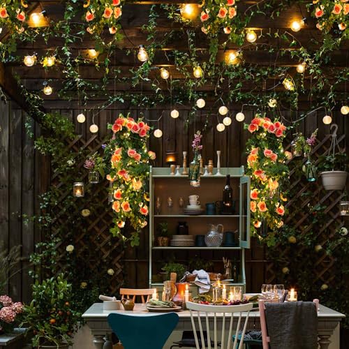 RECUTMS Artificia Hanging Rose Flower Plants, 2 PCS 37 Inches Light Pink Fake Floral Ivy Garland with 30 LED Fairy String Lights for Home Garden Wedding Bridal Shower Derby Party Indoor Outdoor Decor - color: Light Pink, size: 2 pcs light