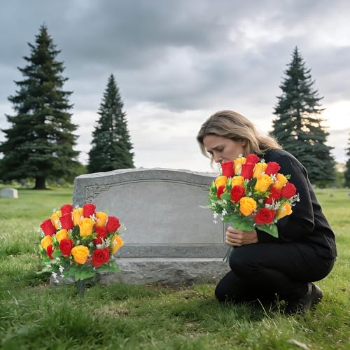 Artificial Rose Bouquets Fake Roses Flowers Set of 4 Realistic Silk Flowers for Cemetery Headstone Home Wedding Decoration UV Resistant No-Fading(Red Yellow) - color: Red Yellow