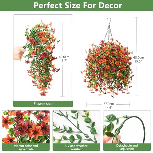 Artificial Faux Hanging Flowers Plants Basket for Outdoor Outside Spring Summer Decoration,Fake Silk Daisy in Planter Realistic UV Resistant for Home Porch Balcony Patio Yard Decor（Orange Brown) - color: Orange Brown