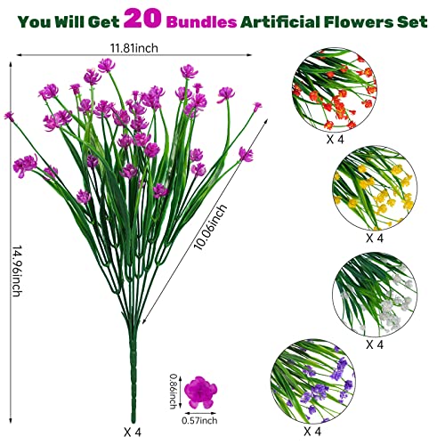 Lnoicy 20pcs Artificial Fake Flowers,Plastic Flowers for Outdoor Decoration, UV Resistant Faux Flowers Shrubs, Artificial Plants for Indoor Outside Garden Home Wedding Farmhouse（5 Color） - color: Mix Color, size: 20 PCS