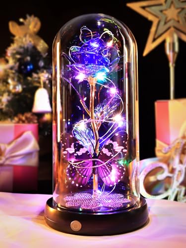 Mothers Day Rose Gifts for Mom Birthday Gift for Women, Rechargeable Galaxy Glass Rose in Glass Dome Crystal Roses Butterfly Mother's Day Flowers Gifts for Women Mom Wife Grandma Daughter, Purple - color: USB-B Purple