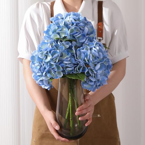 Nubry 3Pcs Blue Hydrangea Artificial Flowers, 22.5In Latex Faux Real Touch Large Hydrangea Flowers with Long Stems & Leaves for Home Office Decor Wedding Party Arrangements(Blue) - color: Blue, size: 3 Pcs