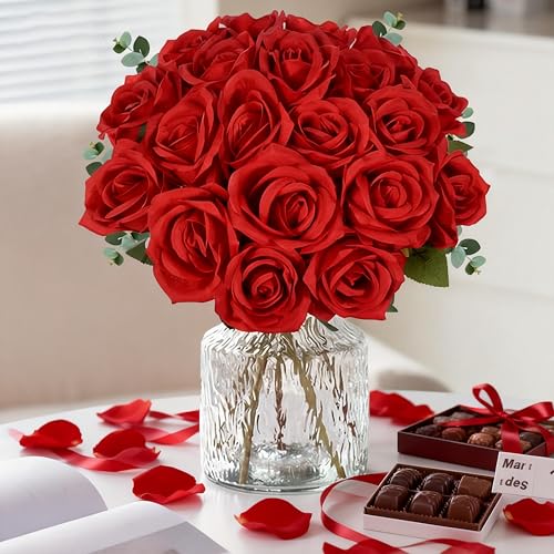 20PCS Artificial Roses with Long Stems - Realistic Silk Flowers, Fake Roses Real Touch Bouquet of Roses for Mother's Day, Home Decor, Bridal Wedding Party, Bulk Faux Rose Flowers (Red) - color: Red, size: 20 PCS