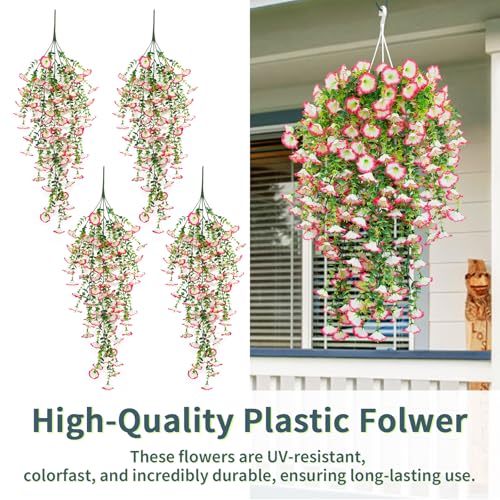 4 Pack Artificial Faux Hanging Flowers Plant for Outdoor, Fake Silk Morning Glory with Eucalyptus UV Resistant Realistic Trailing Vine for Wall Home Porch Patio Balcony Yard Indoor Decor, Pink White - color: Pink