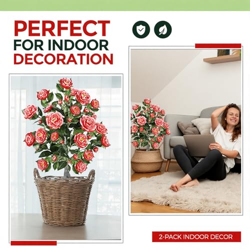 Lunmon 2 Pack 3ft Artificial Camellia Plants Tree 36" Faux Camellia Flower with Spike UV Resistant Realistic Fake Floral Blooming Bush for Indoor Outdoor Front Door Porch Backyard Garden, Red White - color: Red White Bicolor, size: 3 ft