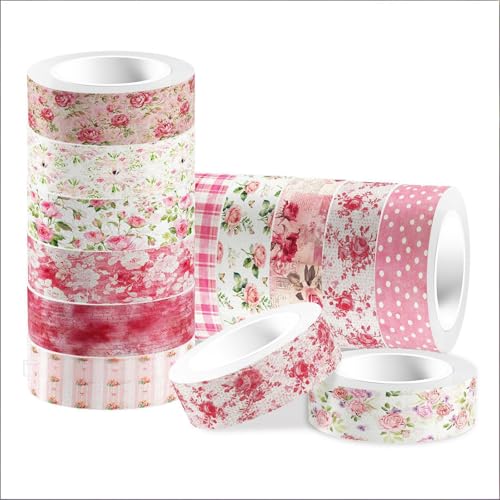 TIANLIN 12 Rolls 15 mm Watercolor Floral Washi Tape Set | Vintage Dusty Pink Decorative Masking Tape for Arts DIY Craft Scrapbook Envelope Party Supplies Gift Wrapping