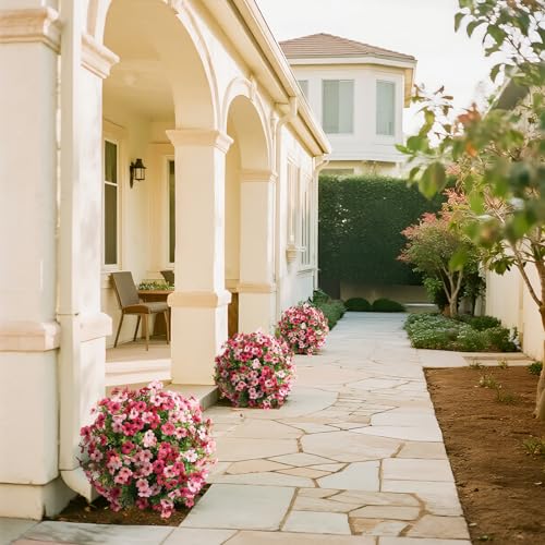 momoplant Artificial Boxwood Topiary Ball Tree with Mum Flowers 24” Tall Faux Plant with Ground Spikes Set of 2 Fake Flower Bushs for Farmhouse Porch Home Garden Decor - size: 2 Pcs with Spike（Red&Pink）