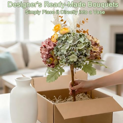 Hydrangea Artificial Flowers Bouquet, Pre-Arranged Fake Flowers Bouquet with Ranunculus, Eucalyptus, Pampas, Real Touch Silk Flowers for Centerpiece Shelf Table Wedding Home Decor